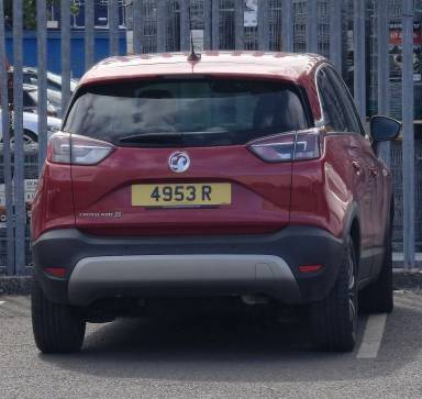 UK Number Plate 4953 R on a 2020 RED Vauxhall Crossland X Elite Turbo Auto