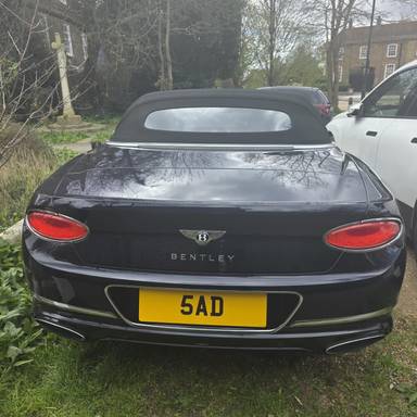 UK Number Plate 5 AD on a 2019 Blue Bentley Continental Gt