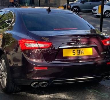 UK Number Plate 5 BH on a 2018 RED Maserati Ghibli