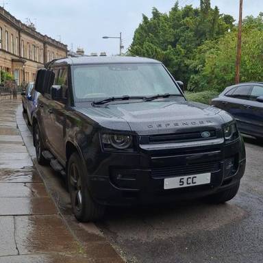 UK Number Plate 5 CC on a 2023 Black Land Rover Defender X-Dynamic Hse Auto