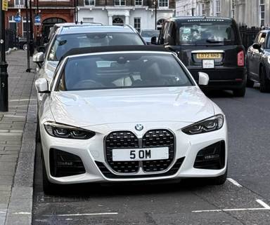 UK Number Plate 5 OM on a 2021 White BMW 420i M Sport Auto
