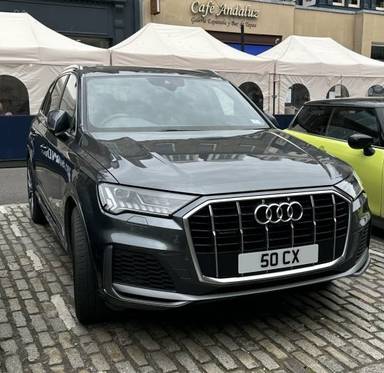 UK Number Plate 50 CX on a 2020 Grey Audi Q7 S Line 55 Tfsi E Quattro A
