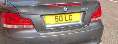 UK Number Plate 50 LC on a 2013 Grey BMW 1 Series