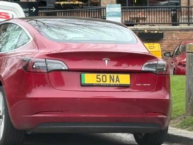 UK Number Plate 50 NA on a 2019 RED Tesla Model 3 Long Range Awd