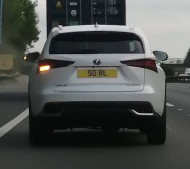 UK Number Plate 50 RL on a 2019 White Lexus NX
