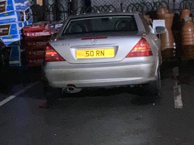 UK Number Plate 50 RN on a 2004 Silver Mercedes SLK