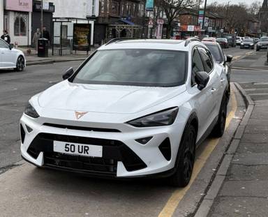 UK Number Plate 50 UR on a 2025 White Cupra Formentor Vz3 Tsi 4drive S-A