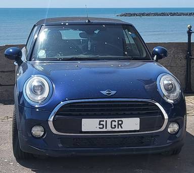 UK Number Plate 51 GR on a 2016 Blue Mini Cooper