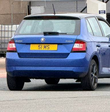 UK Number Plate 51 MS on a 2017 Blue Skoda Fabia