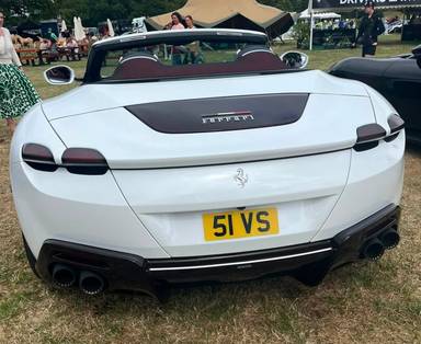 UK Number Plate 51 VS on a 2025 White Ferrari Roma Spider S-A