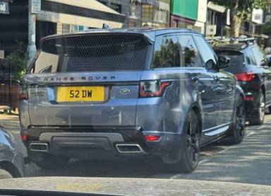 UK Number Plate 52 DW on a 2021 Blue Land Rover Rrover Sport Abio Dyn D Mhev A