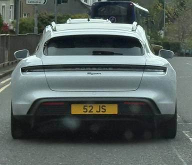 UK Number Plate 52 JS on a 2025 Grey Porsche Taycan Sport Turismo 4x2