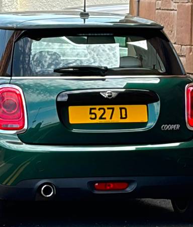 UK Number Plate 527 D on a 2017 Green Mini Cooper