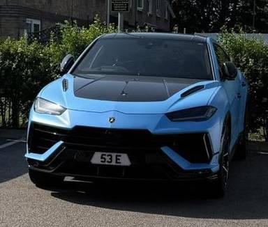 UK Number Plate 53 E on a 2025 Blue Lamborghini Urus V8 Performante Auto