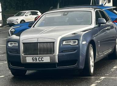 UK Number Plate 59 CC on a 2017 Blue Rolls Royce Ghost