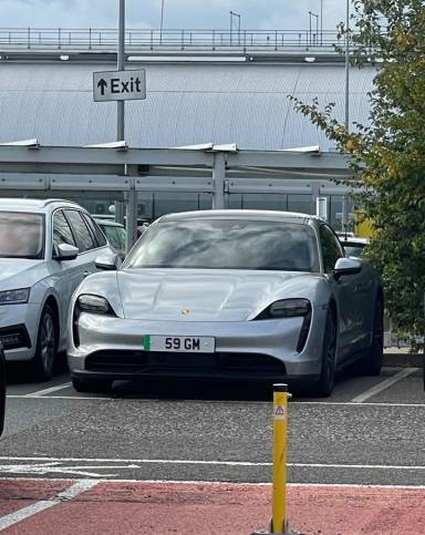 UK Number Plate 59 GM on a 2024 White Porsche Taycan 4x2