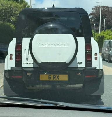 UK Number Plate 6 RX on a 2023 White Land Rover Defender Hse D Mhev Auto