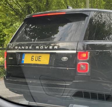UK Number Plate 6 UE on a 2019 Black Land Rover Range Rover
