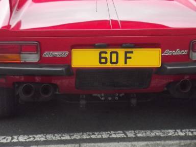 UK Number Plate 60 F on a 1990 RED De Tomaso