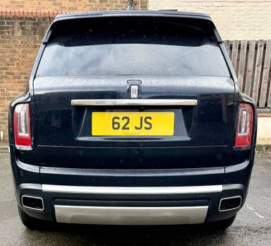 UK Number Plate 62 JS on a 2019 Black Rolls Royce Cullinan V12 Auto