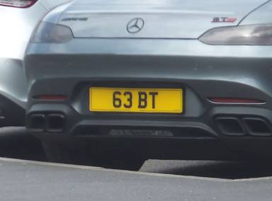 UK Number Plate 63 BT on a 2019 Grey Mercedes-Benz GT