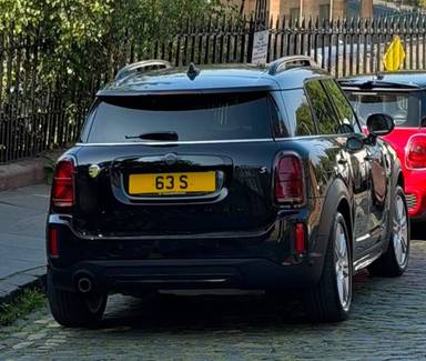 UK Number Plate 63 S on a 2023 Black Mini Cooper S