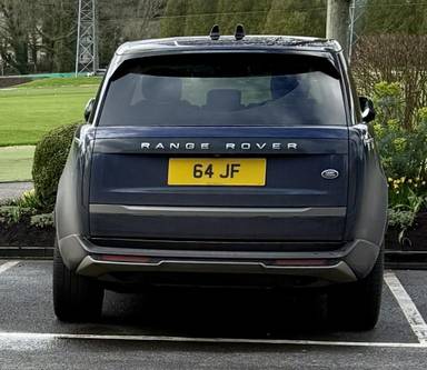 UK Number Plate 64 JF on a 2023 Blue Land Rover Range Rover Hse Mhev Auto