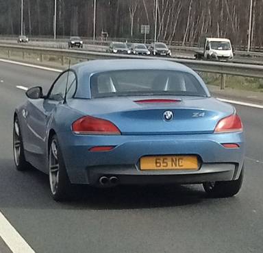 UK Number Plate 65 NC on a 2016 Blue BMW Z4