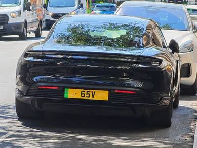 UK Number Plate 65 V on a 2023 Black Porsche Taycan Turbo S