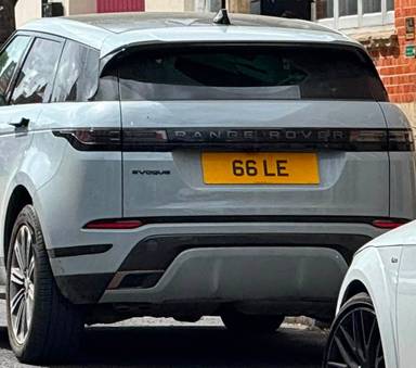 UK Number Plate 66 LE on a 2024 Grey Land Rover R Rover Evoque Dyn Hse Dmhev A