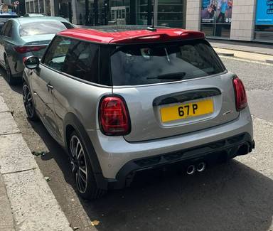 UK Number Plate 67 P on a 2023 Silver Mini John Cooper Works