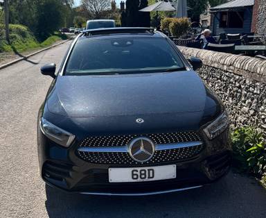 UK Number Plate 68 D on a 2020 Black Mercedes-Benz A