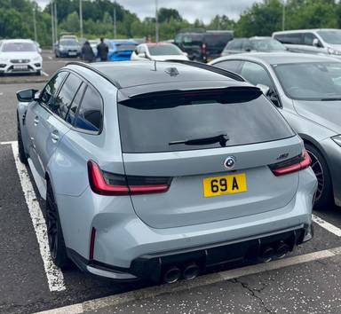 UK Number Plate 69 A on a 2024 Grey BMW M3 Competition M Xdrive Auto