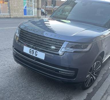 UK Number Plate 69 G on a 2025 Blue Land Rover Range Rover Autobio D Mhev A