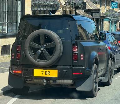 UK Number Plate 7 BR on a 2024 Black Land Rover Defender X-Dynamic Se D Mhev A