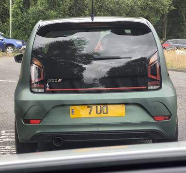 UK Number Plate 7 UO on a 2019 Black Volkswagen UP
