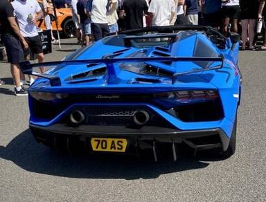 UK Number Plate 70 AS on a 2021 Blue Lamborghini Aventador