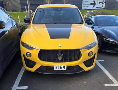 UK Number Plate 71 EM on a 2022 Yellow Maserati Levante V8 Trofeo Auto