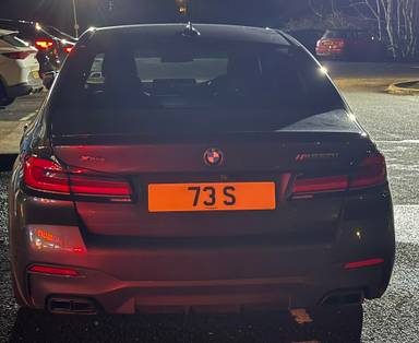 UK Number Plate 73 S on a 2021 Grey BMW M550i Xdrive Auto
