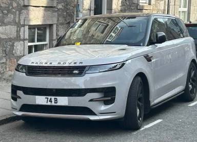 UK Number Plate 74 B on a 2023 Grey Land Rover R-Rover Sport Dyn Se D Mhev A