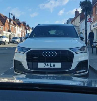 UK Number Plate 74 LA on a 2020 White Audi