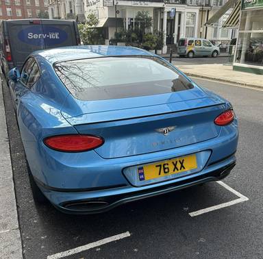 UK Number Plate 76 XX on a 2023 Blue Bentley Continental Gt Speed Auto