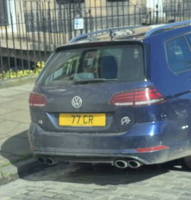 UK Number Plate 77 CR on a 2018 Blue Volkswagen Golf