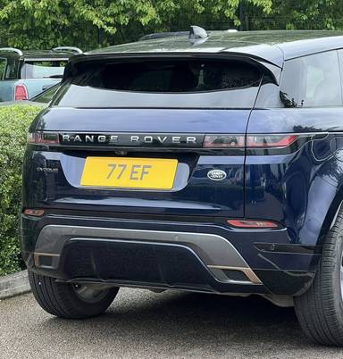 UK Number Plate 77 EF on a 2023 Blue Land Rover R Rover Evoque Rdyn Se Dmhev A