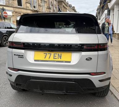 UK Number Plate 77 EN on a 2019 Silver Land Rover Range Rover Evoque R-Dy Se D A