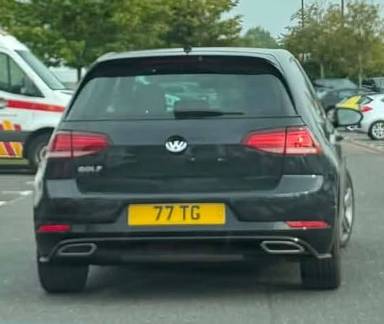 UK Number Plate 77 TG on a 2019 Black Volkswagen Golf