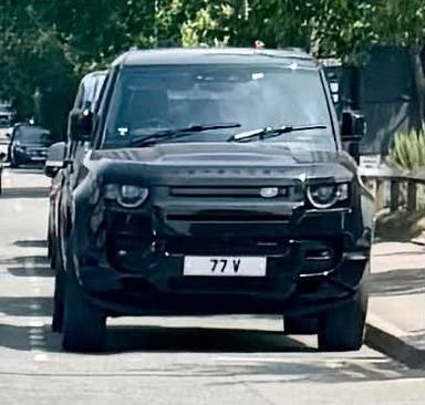 UK Number Plate 77 V on a 2023 Black Land Rover Defender Xdynamic Hse D Mhev A