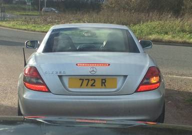 UK Number Plate 772 R on a 2008 Silver Mercedes SLK