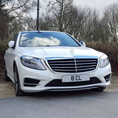 UK Number Plate 8 CL on a 2016 White Mercedes-Benz S-Class