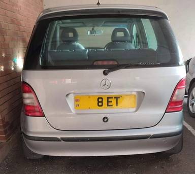 UK Number Plate 8 ET on a 1999 Silver Mercedes A-Class